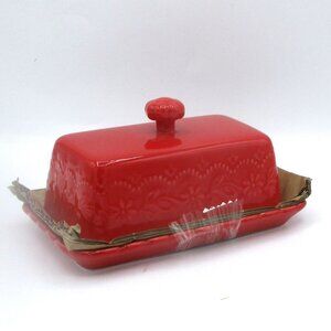 New Pioneer Woman Red Floral Embossed Stoneware Butter Dish With Lid Decor Funct